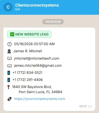 Lead contact card for James R. Mitchell from Clientsconnectsystems with email, phone, and address details