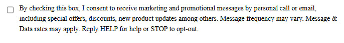 Checkbox for marketing consent with terms describing how to receive promotional messages and manage preferences