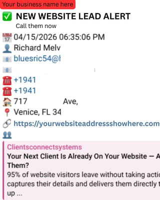 Website lead alert notification showing contact details for Richard Melv from Venice, FL with phone numbers and email