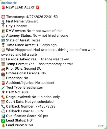 DUI lead alert for Stewart in Phoenix, Texas with arrest details, BAC test type, and qualification score of 90 points